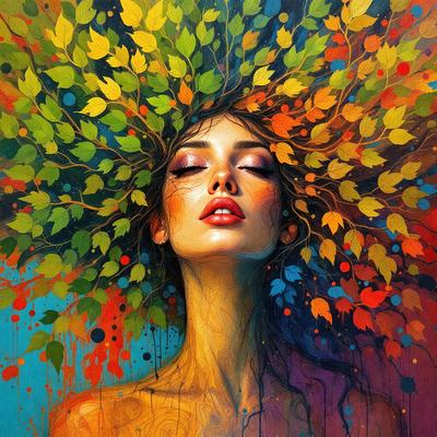 The primary subject of the image is a woman with a flower crown on her head. She is wearing makeup and appears to be in a relaxed and peaceful state. The setting is a colorful and vibrant background, which adds to the overall atmosphere of the painting. The visual style is a combination of digital art and illustration, creating a unique and artistic representation of the woman. The colors and mood of the image are predominantly warm and inviting, with the woman's expression and the flower crown contrib